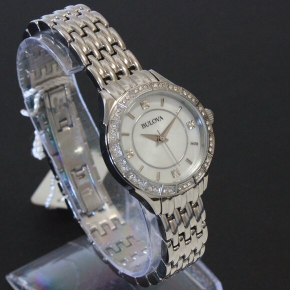 Bulova Ladies Crystal Bezel Watch MOP Dial Crystal Indicese 27mm - Picture 2 of 13